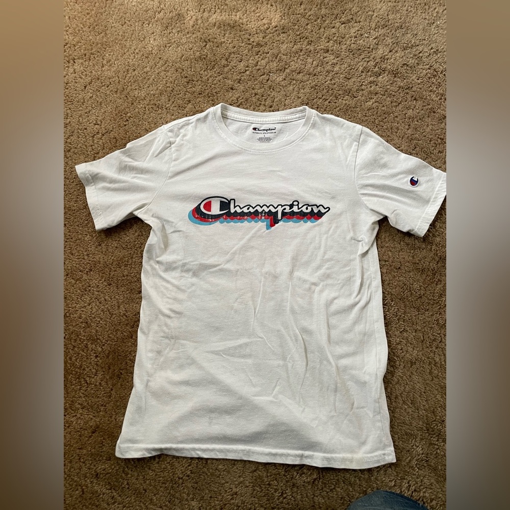 Champion T-shirt Tee shirt Youth Large White script Logo.